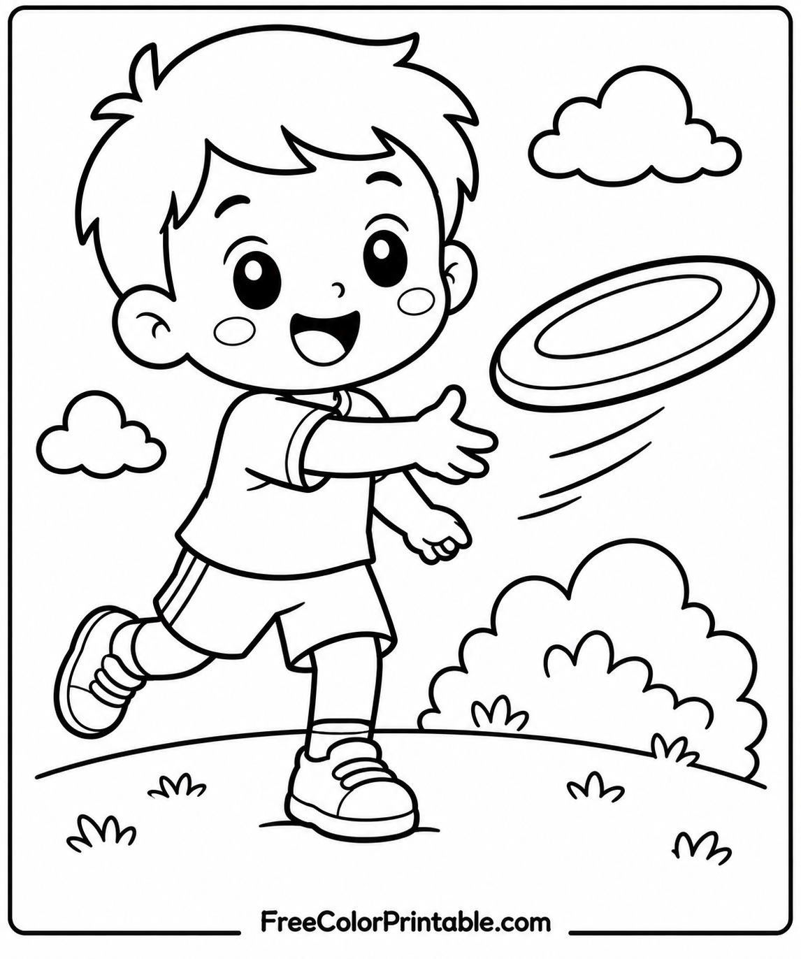 Happy boy playing with frisbee Coloring Page — Free Printable — free printable coloring page